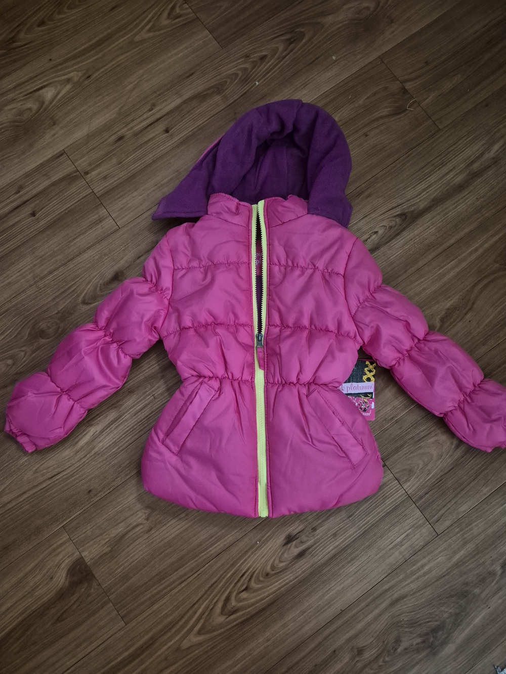 NWT Pink Platinum Kids Pink Hooded Puffer Jacket Purple Lining Size S